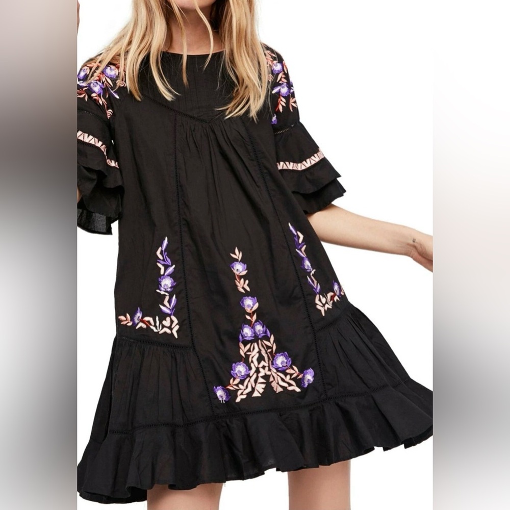 Free People Black Dress with Purple Embroidery